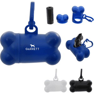 A blue bone-shaped dog waste bag dispenser with a clip and a roll of bags inside. Features a logo on the side.