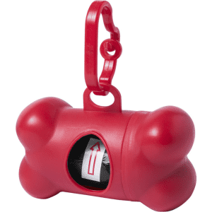 A red bone-shaped doggie waste bag holder with a clip, featuring a roll of waste bags inside.