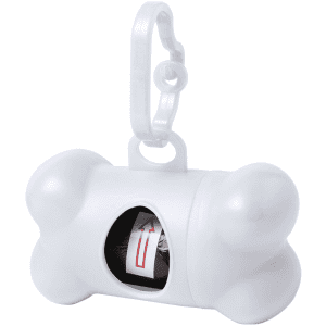 A white bone-shaped doggie waste bag dispenser with a clip, containing a roll of waste bags inside.