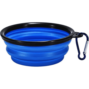 A collapsible pet bowl in blue with black accents and a carabiner for easy attachment.