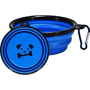 A blue and black silicone collapsible pet bowl with a bone design and a carabiner for attachment.