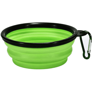 A green silicone collapsible pet bowl with a black rim and a carabiner clasp. Ideal for pet accessories.