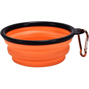 An orange silicone collapsible pet bowl with a black rim and a metal carabiner.