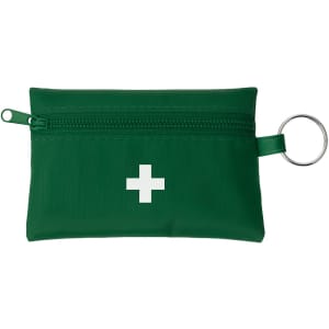 A green first aid travel kit with a zippered closure and a keyring, featuring a white cross symbol.