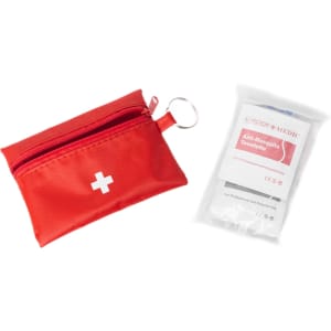 A red first aid travel kit with a zipper and keyring, accompanied by a package of anti-mosquito towelettes.