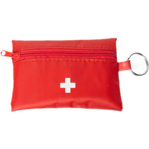 A red first aid travel kit with a zipper and key ring, featuring a white cross symbol on the front.