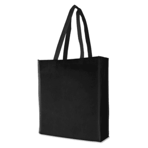 A black tote bag with two handles and a simple design, featuring a logo on the front.