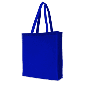A bright blue tote bag with two handles and a simple design, featuring a logo on one side.
