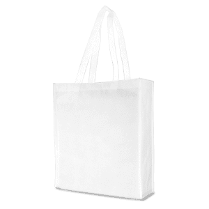 A white tote bag with two handles and a simple design, featuring a logo on one side.