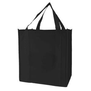 A black tote bag with sturdy handles and a simple design. Features a logo on the front.