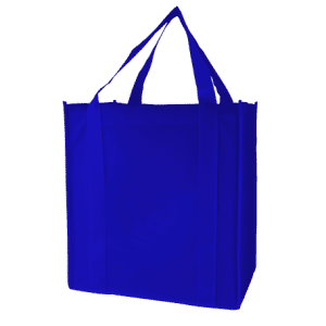 A blue tote bag with two handles and a large opening, featuring a logo.