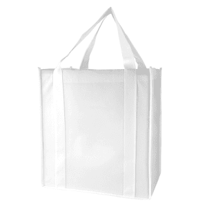 A white tote bag with sturdy handles and a spacious design. It features a logo on one side.