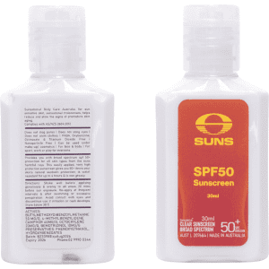 A 30ml SPF50 sunscreen lotion in a clear bottle with a red label and a logo.