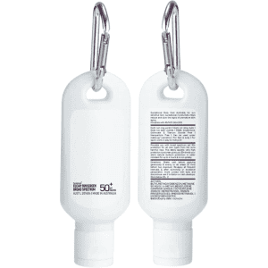 A white 30ml SPF 50 sunscreen lotion with a carabiner attachment, featuring a logo and text on the packaging.
