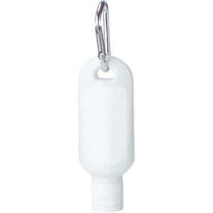 A white 30ml sunscreen lotion bottle with a carabiner attached for easy carrying.