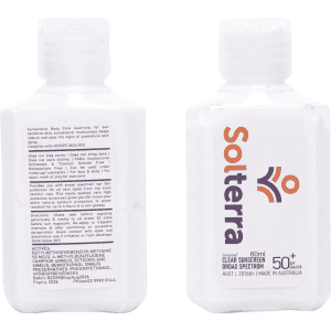 A white bottle of 60ml SPF 50 sunscreen lotion with a logo and informational text on the label.