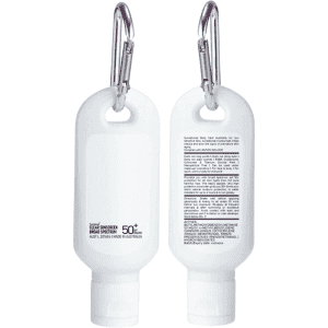 A white 60ml sunscreen lotion bottle with a carabiner, featuring important safety information on the back.