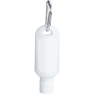 A white 60ml SPF 50 sunscreen lotion bottle with a carabiner attached. Features a smooth design and screw cap.