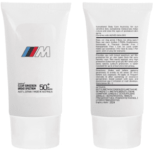 A white 30ml tube of SPF 50 sunscreen lotion featuring a logo, with details on the back.