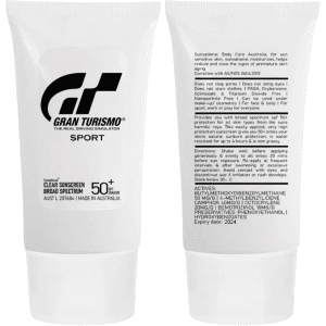 A white tube of SPF 50 sunscreen lotion featuring a logo, with text on the front and back.
