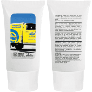 A white tube of 100ml SPF50 sunscreen lotion with a logo, displaying sunscreen information on the back.
