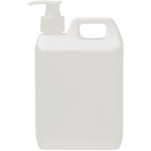 A white pump bottle containing 1L of SPF 50 sunscreen lotion, featuring a handle for easy dispensing.