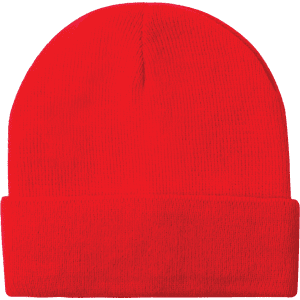 Acrylic rollup beanie hat in bright red, featuring a fold-over cuff and a label.