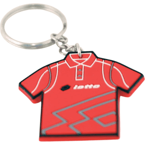 A red moulded PVC keyring in the shape of a shirt with a silver keyring attachment.