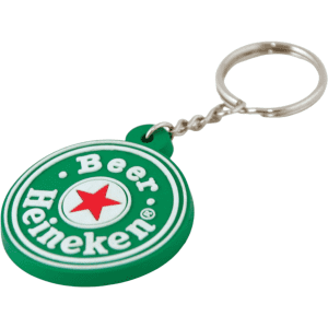 A green moulded PVC keyring featuring a circular design and a logo. It has a silver keychain attached.