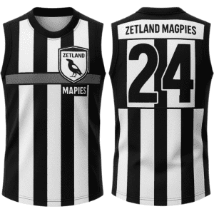 A black and white striped AFL jersey with a logo and the number 24, featuring a sleeveless design.