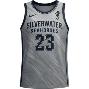 A grey sublimated basketball top featuring a seahorse logo and the text "Silverwater Seahorses" with the number 23.