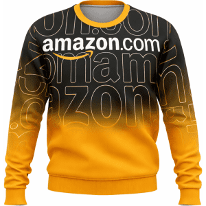 A crew neck jumper in black and yellow featuring a logo and a gradient design.