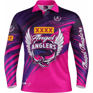 A long-sleeve fishing tee featuring a pink and purple design with a graphic logo and branding.