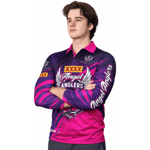 A long-sleeve fishing tee in pink and purple with a logo and graphic designs on the front and sleeves.
