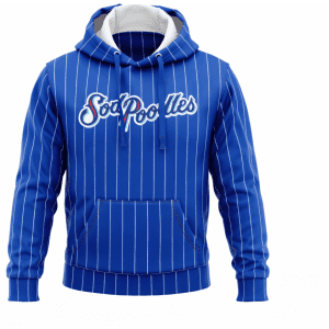 A blue hooded jumper featuring vertical stripes and a front kangaroo pocket. It has a logo on the front.