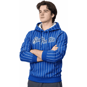 A blue hooded sweatshirt with white pinstripes and a front logo, featuring a contrasting grey hood lining.