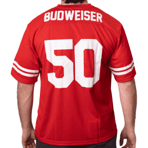 A red NFL jersey featuring a large white number 50 on the back and a logo on the upper section.