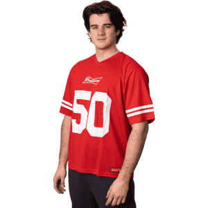 A red NFL jersey with white stripes, featuring the number 50, worn by a model in a standing pose.