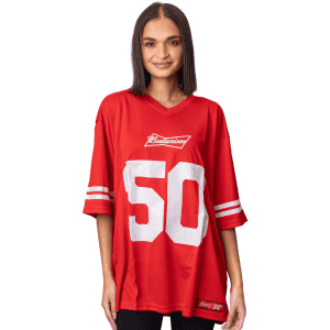 A red NFL jersey featuring white stripes and the number 50, with a logo on the front.