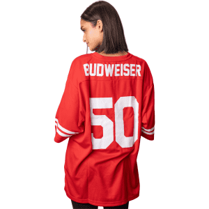 A red NFL jersey with white lettering and numbers, featuring a logo on the back.