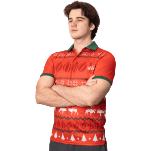 A red polo shirt with green accents features festive patterns and a logo. Perfect for holiday-themed events.