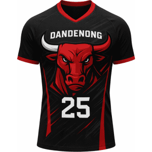 A black and red sublimated rugby jersey featuring a bull graphic and a number 25. The jersey has a branding logo.