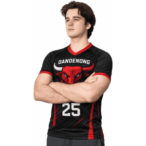 A black rugby jersey with red accents and a bull graphic, featuring the name "Dandenong" and the number 25.