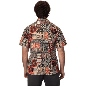 A patterned button-up shirt in earthy tones featuring various tribal designs and a logo on the back.