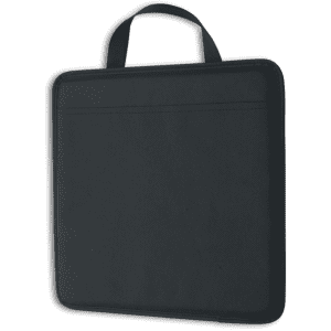 A black padded nylon stadium cushion featuring a handle and a simple, sleek design.