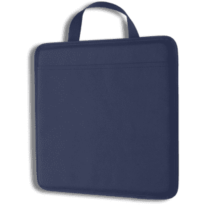 A padded nylon stadium cushion in navy blue with a handle and a subtle logo.