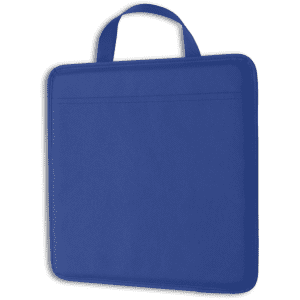 A padded nylon stadium cushion in blue with a handle for easy carrying. It features a simple design with no visible branding.