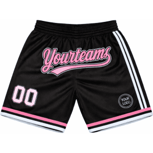 Sublimated crafted basketball shorts in black with pink accents and a logo, featuring a sporty design and stripes.