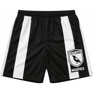 A pair of black and white sports shorts featuring a logo on one side and vertical stripes. Suitable for AFL and NRL.