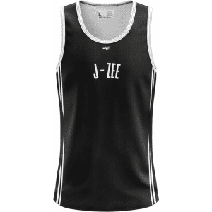 A black singlet with white accents and a logo, featuring a sleeveless design and a round neckline.